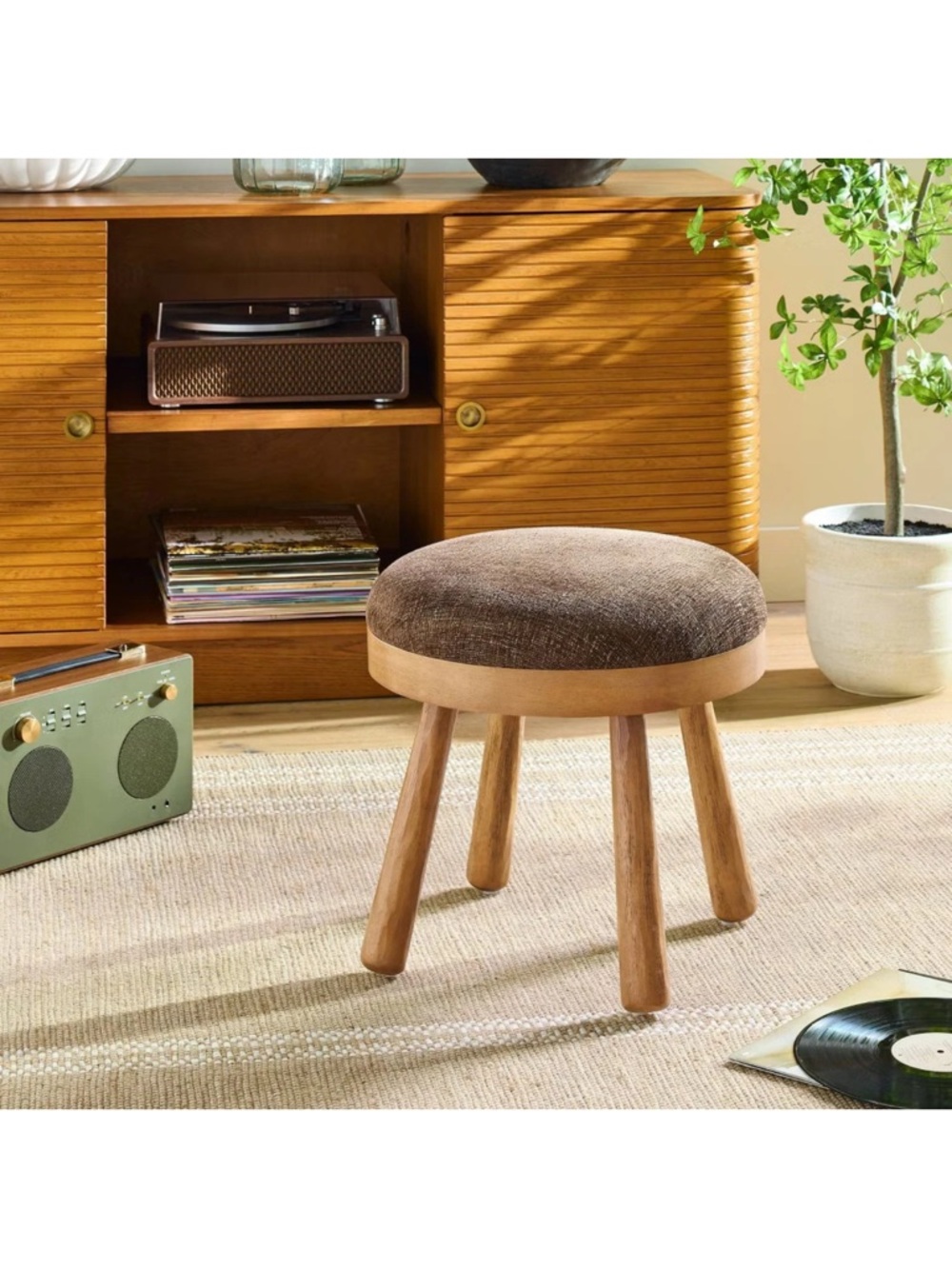Hearth & Hand Magnolia Upholstered Round Top Mid Century Ottoman Brown NEW! - Picture 2 of 5